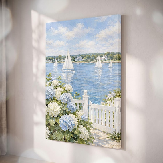 Hydrangea Sailboat Coastal Canvas Print, Cape Cod Seaside Art, Blue Sea Lake House Wall Art