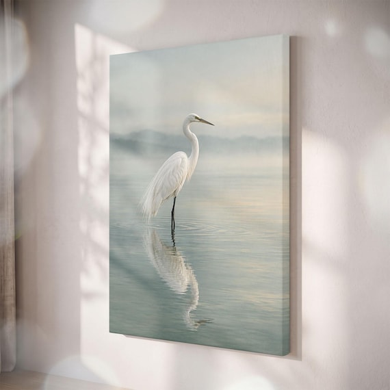 White Egret Canvas Print, Serene Lake Mist Nature Photography, Minimalist Coastal Decor