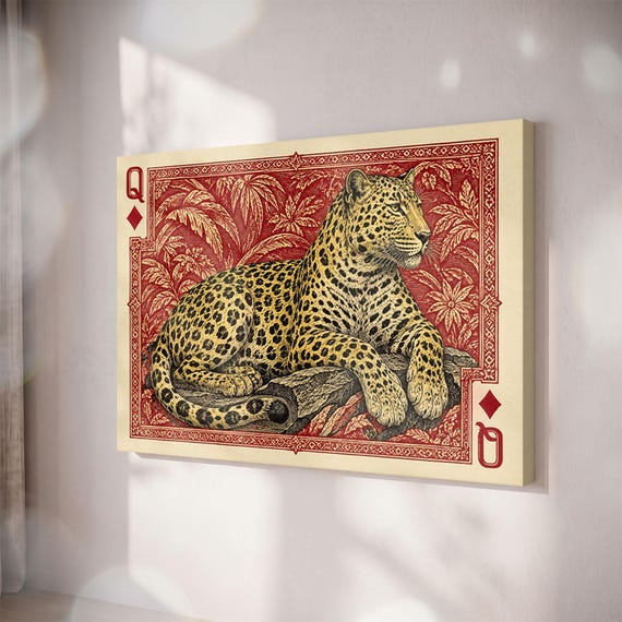 Leopard Queen of Diamonds Canvas Print, Vintage Jungle Cat Wall Art