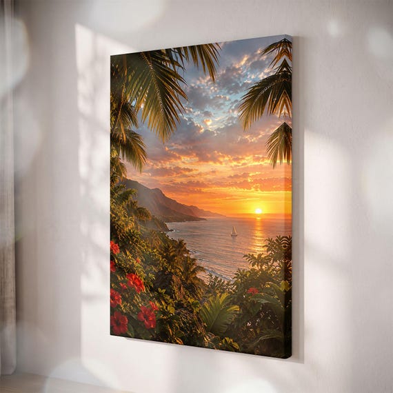 Tropical Sunset Coastline Canvas Print, Palm Tree Sailboat View, Coastal Mountain