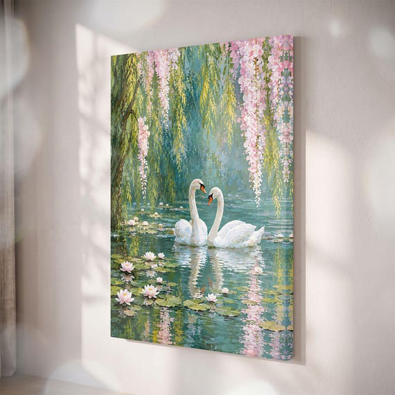 Swans Pond Canvas Print, Romantic Wisteria Blossom Art, Floral Lily Pad Decor