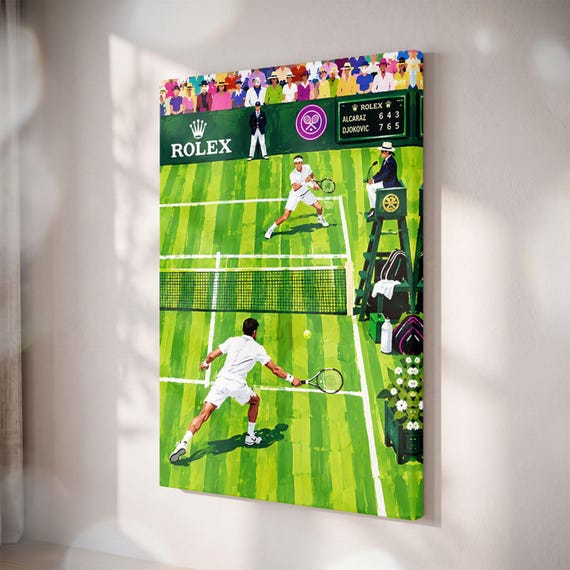Retro Tennis Match Canvas Print, Vintage Sports Art, Green Court Wall Decor