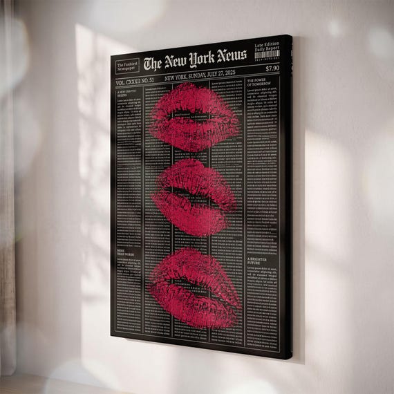 Red Lips Newspaper Canvas Print, Vintage Glam Wall Art, Moody Bedroom Decor