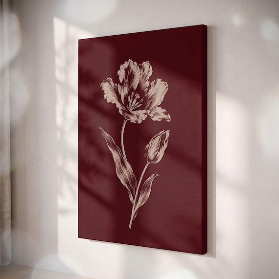 Moody Burgundy Tulip Canvas Print, Vintage Botanical Wall Art, Dark Academia Floral Decor