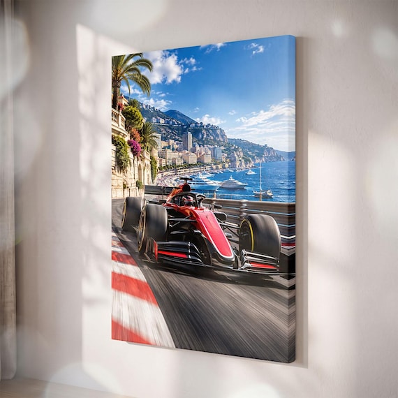 Race Car Canvas Print, Coastal Grand Prix Track Wall Art, Luxury Harbor Motorsport Decor, Speed Sports Vehicle Artwork for Man Cave