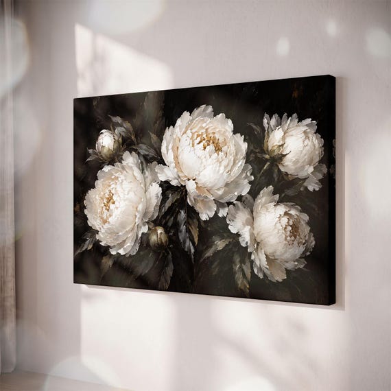 White Peony Canvas Print, Moody Botanical Wall Art, Black Floral Decor