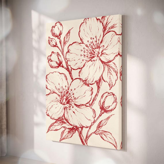 Red Botanical Cherry Blossom Canvas Print, Cottagecore Floral Wall Art