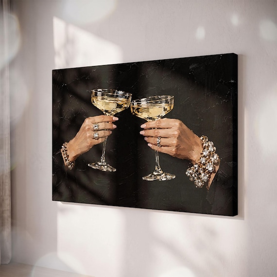 Champagne Toast Canvas Print, Glam Jewelry Cocktail Art, Bar Cart Decor