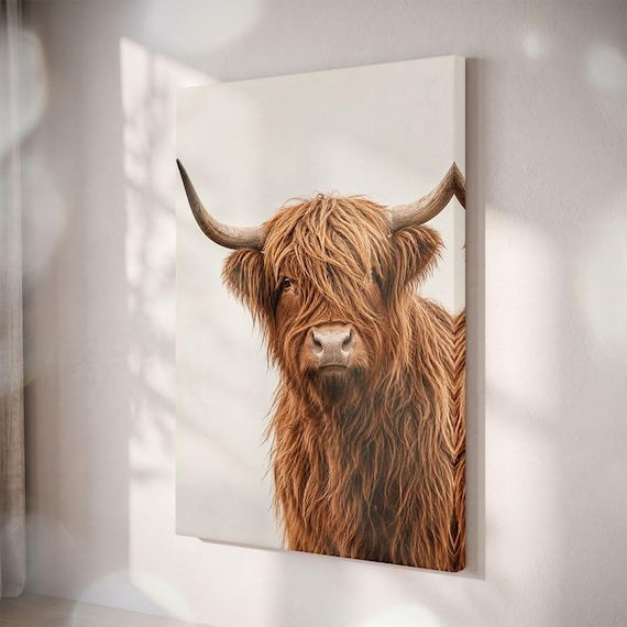 Highland Cow Canvas Print, Rustic Farmhouse Wall Art, Scottish Cattle Portrait