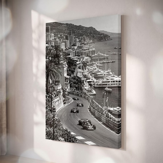 Vintage Black and White Race Car Canvas Print, Classic Motorsport Wall Art (Harbor City)