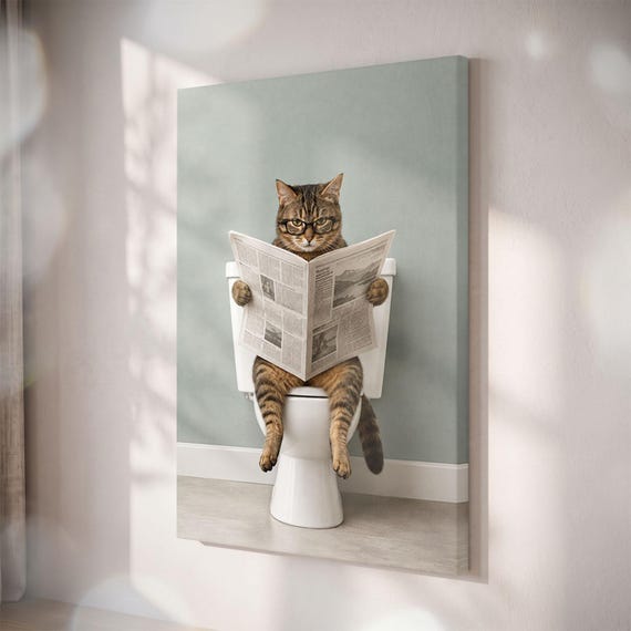 Funny Cat On Toilet Canvas Print, Tabby Cat Reading Newspaper Bathroom Art