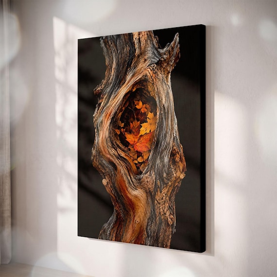 Autumn Maple Leaf Driftwood Tree Trunk Canvas Print, Rustic Cabin Wall Art