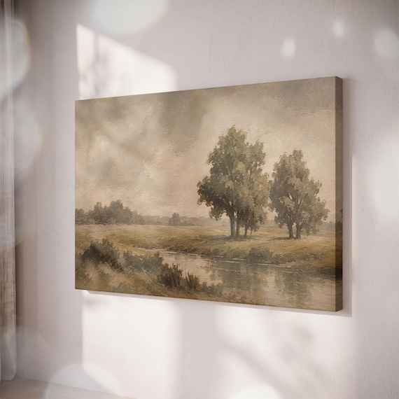 Vintage Landscape Canvas Print, Moody Countryside River Meadow Art