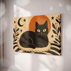 Black Cat Canvas Print, Celestial Moon Wall Art, Witchy Folk Art Decor, Retro Orange Sun And Stars, Whimsical Gothic Cottagecore Decor