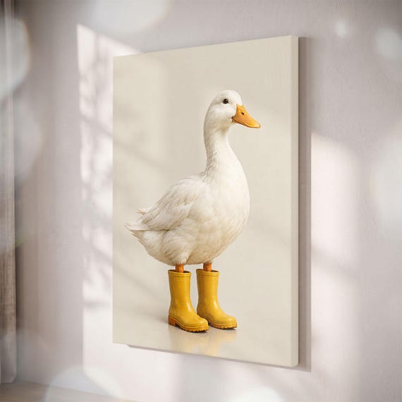 Funny Duck in Yellow Boots Canvas Print, Whimsical Farmhouse Wall Art