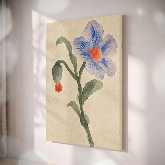 Blue Wildflower Canvas Print, Watercolor Botanical Art, Cottagecore Floral Wall Decor