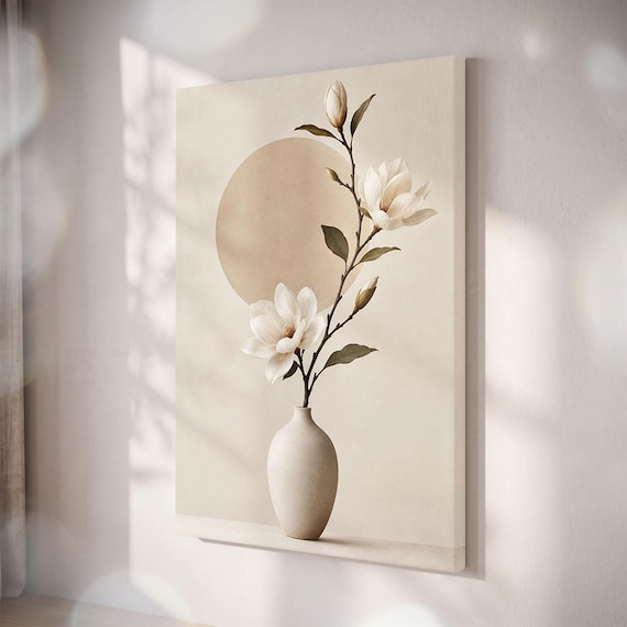 Minimalist Magnolia Flower Canvas Print, Beige Botanical Vase Art