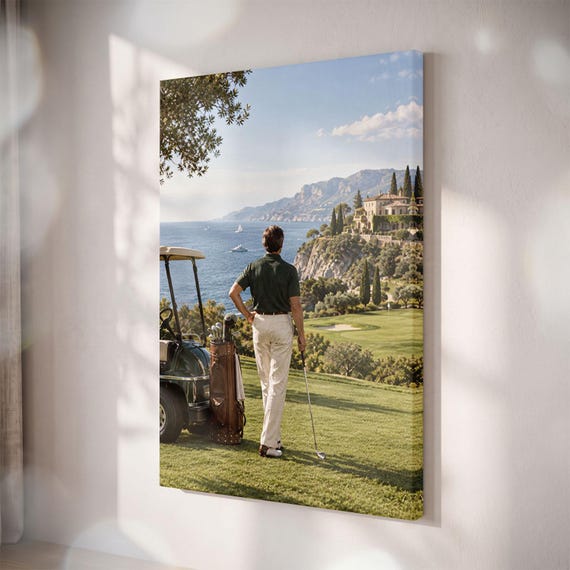 Coastal Golf Course Canvas Print, Mediterranean Ocean View, Luxury Wall Art