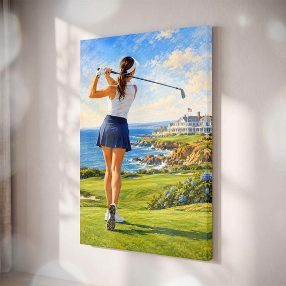 Coastal Golf Course Canvas Print, Oceanfront Links Wall Art, Golfer Gift For Her