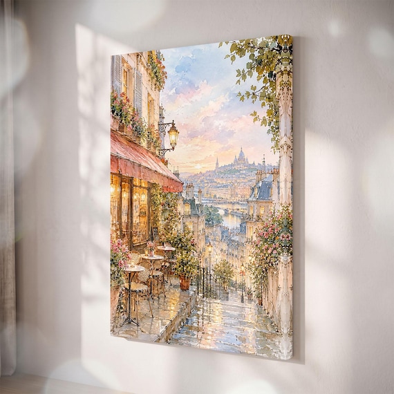 Paris Cafe Watercolor Canvas Print, Montmartre Sunset Cityscape Art