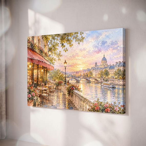 Paris Cafe Sunset Watercolor Canvas Print, Romantic French Cityscape Wall Art