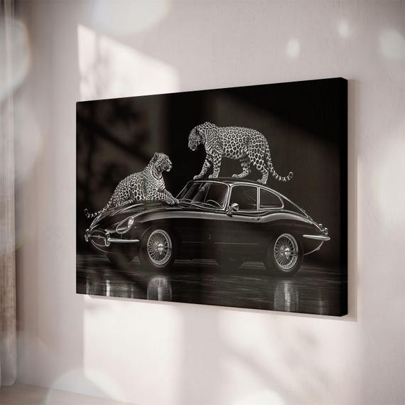 Vintage Sports Car Leopard Wall Art, Black and White Garage Decor (Canvas Print)
