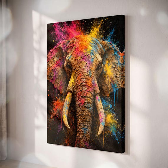 Colorful Elephant Canvas Print, Vibrant Powder Splash Art, African Wildlife Decor