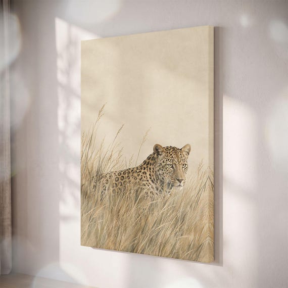 Leopard in Tall Grass Canvas Print, Safari Wildlife Wall Art, Neutral Beige Decor