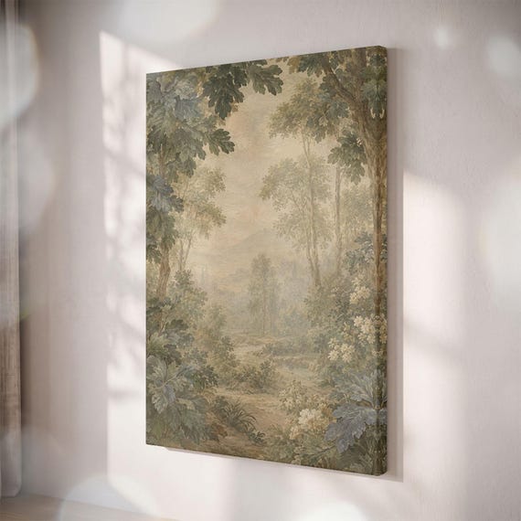 Vintage Forest Landscape Canvas Print, French Country Tapestry, Muted Green Nature Art