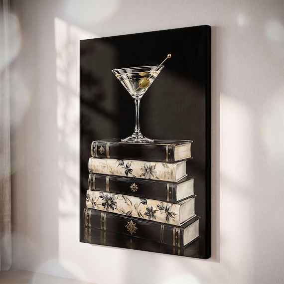 Martini On Books Canvas Print, Dark Academia Wall Art, Black Gold Still Life Decor