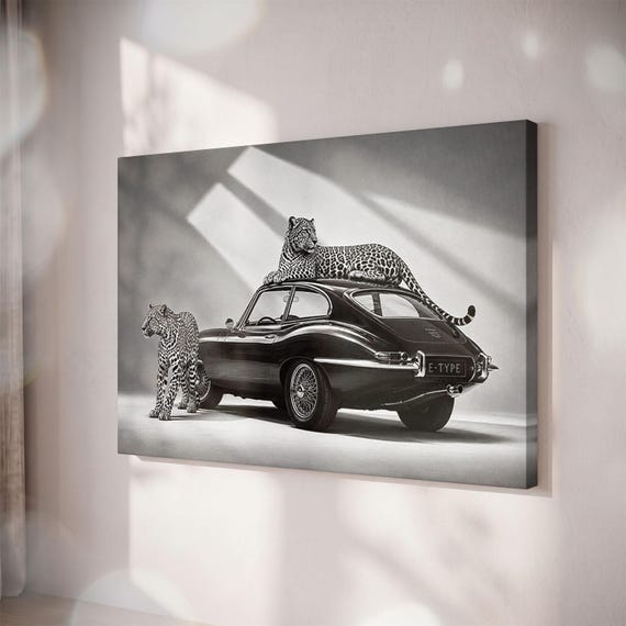 Vintage Jaguar E-Type Canvas Print, Black and White Leopard Art, Man Cave Decor