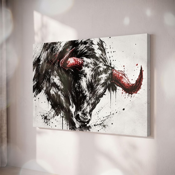 Charging Bull Canvas Print, Red Horns, Black White Animal Art
