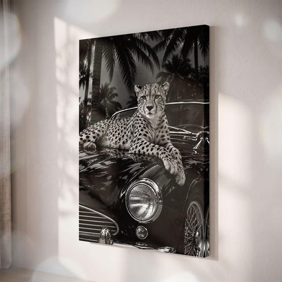 Cheetah on Vintage Car Canvas Print, Black and White Wall Art, Retro Safari Decor