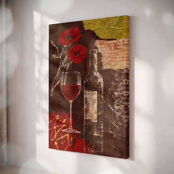 Red Wine Bottle Canvas Print, Tuscan Poppy Flower Art, Rustic Kitchen Decor