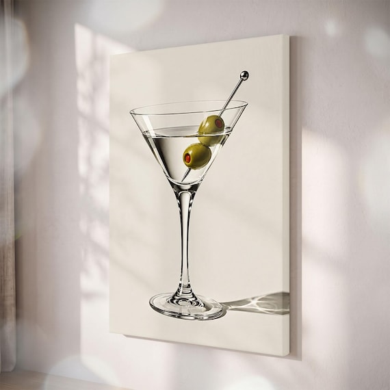 Dirty Martini Canvas Print, Minimalist Cocktail Wall Art, Olive Photography