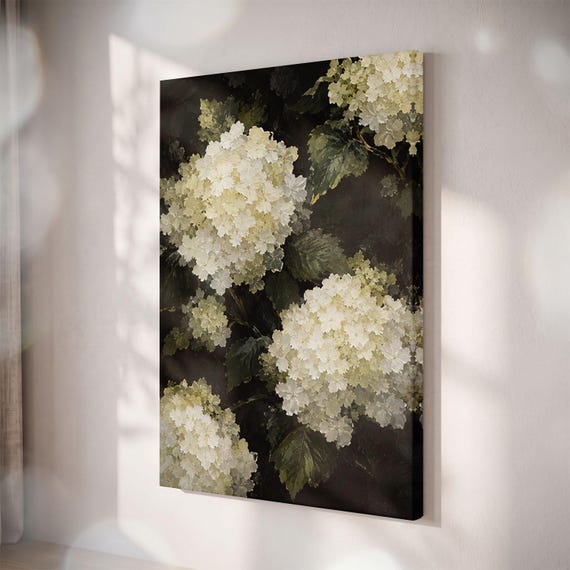 Moody White Hydrangea Canvas Print, Dark Botanical Floral Wall Art