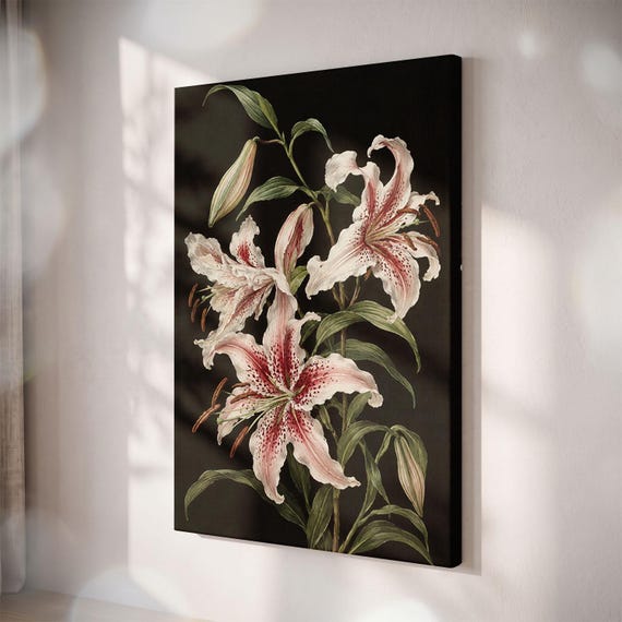 Stargazer Lily Canvas Print, Moody Botanical Wall Art, Dark Floral Decor
