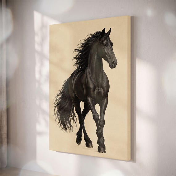 Black Friesian Horse Canvas Print, Majestic Stallion Wall Art, Rustic Farmhouse Decor