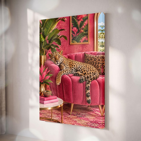 Leopard on Pink Couch Canvas Print, Maximalist Tropical Wall Art