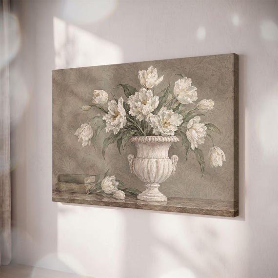 White Floral Still Life Canvas Print, French Country Vase Artwork, Cottagecore Home Decor