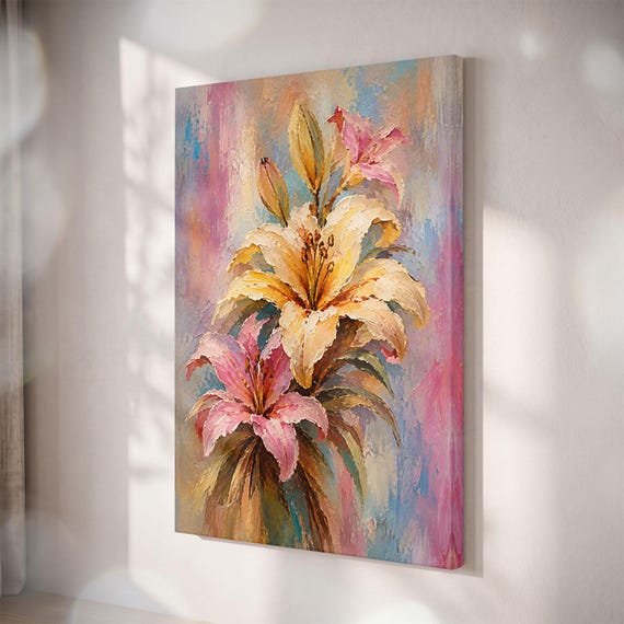 Textured Lily Flower Canvas Print, Yellow Pink Botanical Art, Cottagecore Decor
