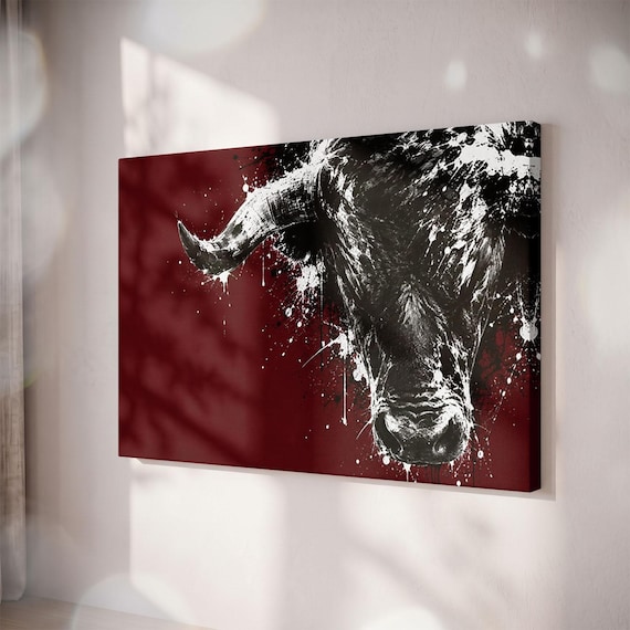Modern Bull Canvas Print, Burgundy Red Splatter Art, Large Wall Decor