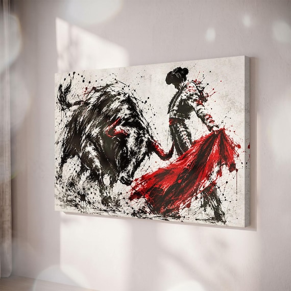 Matador Bullfight Canvas Print, Red Black Splatter Art, Spanish Decor