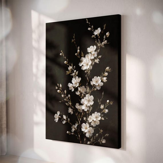 Japanese Cherry Blossom Canvas Print, Dark Moody Botanical Wall Art