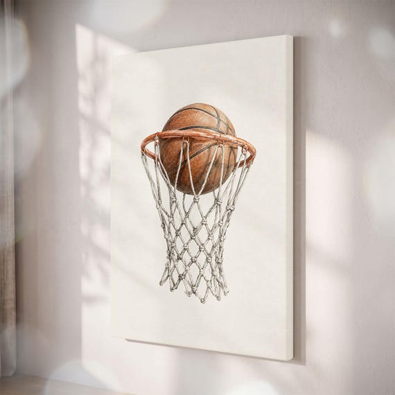 Basketball Hoop Canvas Print, Vintage Sports Wall Art, Watercolor Basketball Decor, Boys Bedroom Artwork, Rustic Man Cave Wall Decor