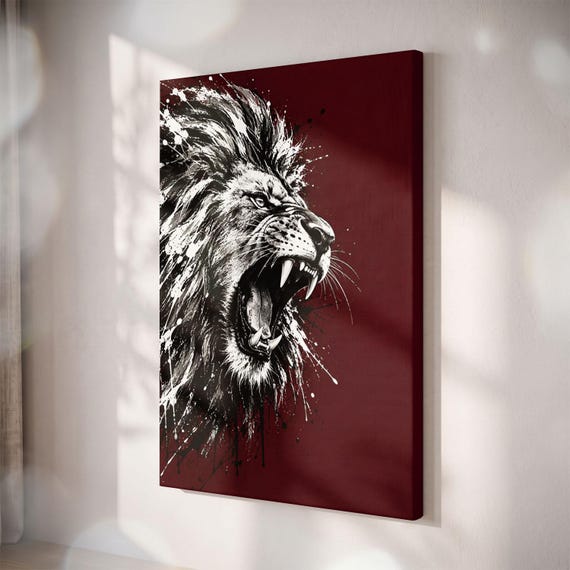 Roaring Lion Canvas Print, Ink Splatter Wildlife Art, Bold Man Cave Decor