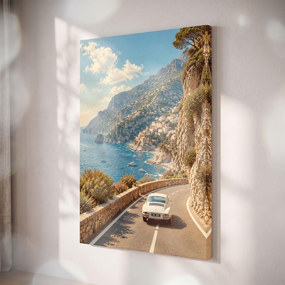 Amalfi Coast Canvas Print, Vintage Car Coastal Wall Art, Italian Riviera Travel Decor
