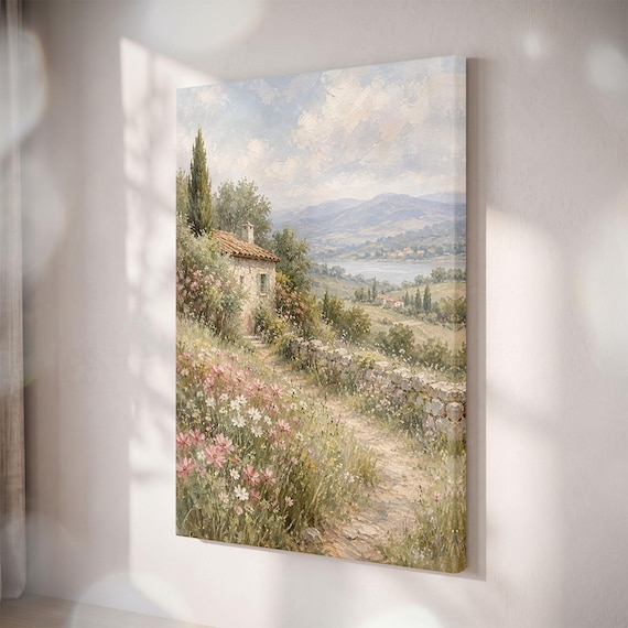 Tuscan Cottage Landscape Canvas Print, Wildflower Garden, Lake View Artwork