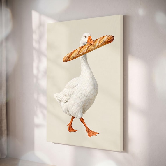 Funny Goose With Baguette Canvas Print, French Country Kitchen Wall Art