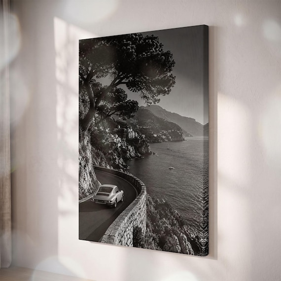 Vintage Sports Car Coastal Road Canvas Print, Italian Scenic Photography (Black & White)